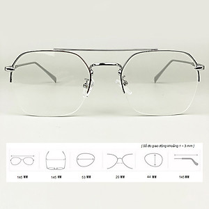 Gọng Kính Cận, Kính Giả Cận Nam Nữ Mắt Vuông Cỡ Vừa, Nửa Gọng Kim Loại Cứng Cáp, Màu Bạc, Đen - BLUE LIGHT
