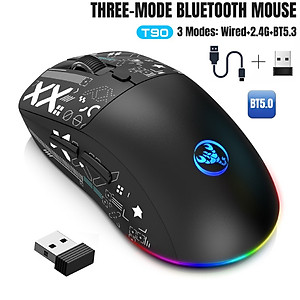 Chuột Led RGB Không Dây chống ồn T90s đa kết nối Bluetooth 5.3 + Usb 2.4 + Cáp 3600Dpi Pin Sạc TypeC hàng nhập khẩu