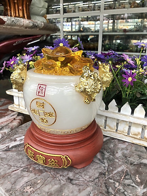 Hủ vàng, Bát Tụ Bảo, Bát tụ tài phong thủy đá bạch ngọc được chạm khắc thêm 4 con thiềm thừ chiêu nạp tài lộc - Cao 18cm