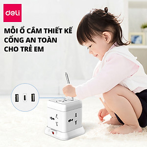 Ổ cắm điện đa năng Deli Công Suất 2500W - Tích Hợp Ổ USB & Type C Thiết Kế Cầu Chì Tự Ngắt Khi Quá Tải, Nắp Chống Giật