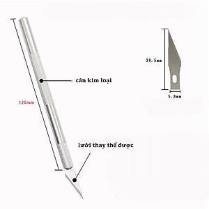 Dao trổ khắc giấy và gỗ mỏng với cán kim loại và hộp 06 lưỡi sơ cua đi kèm