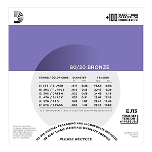Bộ dây đàn Guitar Acoustic/ Acoustic Guitar Strings - D'Addario EJ13 - 80/20 Bronze - Deep, Bright & Projecting Tone - Custom Light Gauge .011-.052 (Custom Light 11-52) - Hàng chính hãng