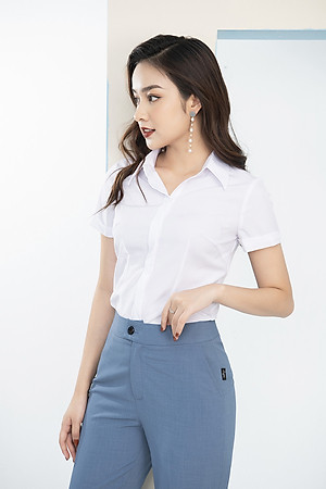  Áo Sơ Mi Nữ Trắng Tay Ngắn LUPERI LFSM1105 Cổ Đức Dáng Eo Vừa