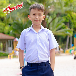 Áo sơ mi nam màu trắng, tay ngắn, đồng phục học sinh các cấp, size từ 20-95kg, form suông, vạt bầu, thương hiệu Amazing