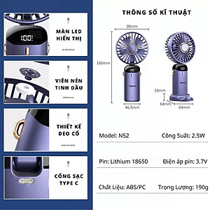 Quạt mini cầm tay REKKY gập gọn phù hợp mang đi du lịch, có đèn led hiển thị chế độ và dung lượng pin- Hàng Chính Hãng