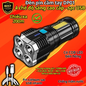 Đèn Pin Cầm Tay DP01 Gồm 4 Chế Độ Chiếu Xa 200m, Đèn Pin Mini DP03 Có 3 Chế Độ Sáng Chính Hãng D Danido, Có COB Led thân