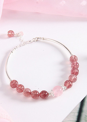 Vòng tay đá thạch anh dâu phối charm ống bạc mệnh hỏa, thổ - Ngọc Quý Gemstones