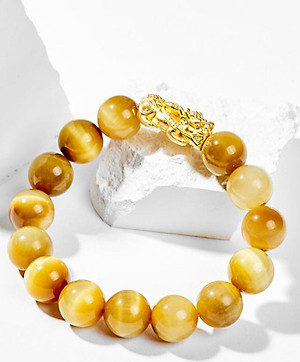 Vòng Tay Phong Thủy Đá Mắt Hổ Vàng Tâm Phối Charm Tỳ Hưu Mạ Vàng 24K (12mm) Mệnh Thổ, Kim Ngọc Quý Gemstones