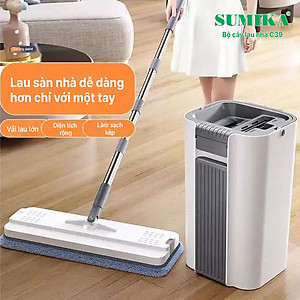 Bộ cây lau nhà SUMIKA C39, thùng lau nhà 2 ngăn tự vắt thông minh, chổi lau sàn nhà 360 độ, 2 bông lau, 1 móc treo cây lau sàn