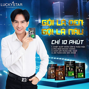 Dầu gội phủ bạc thảo dược cao cấp. Gội là đen LUCKY STAR chiết xuất nhân sâm và thảo mộc tự nhiên. Dầu gội nhuộm tóc giúp tóc đen tự nhiên, khỏe mạnh. Dầu gội đen tóc trong 10 phút ngay tại nhà, phiên bản mới có lược