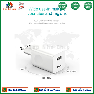 Cốc Củ sạc nhanh Baseus công suất 24W Công nghệ Sạc Nhanh Qualcomm QC 3.0 tự động điều chình dòng sạc - Hàng nhập khẩu