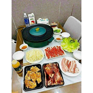 Bếp Lẩu Nướng Đa Năng 2 Trong 1, Lẩu Nướng Tròn Xanh 2 Nút Bật Tắt Riêng Biệt - Hàng Chính Hãng