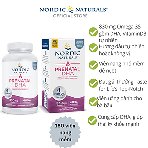 Nordic Naturals Prenatal DHA 180 viên nang mềm, Axit béo Omega + Vitamin D 400 IU, Hỗ trợ thai kì và thai nhi phát triển - Hàng Chính Hãng