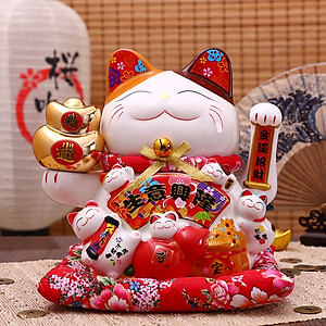 Mèo Thần Tài Maneki Neko Vẫy Tay Chiêu Tài Lộc Bằng Gốm Sứ Tặng Kèm Túi Lót PaKaSa - Hàng Chính Hãng 