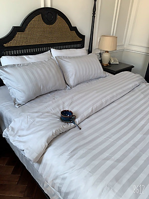 Bộ drap giường cotton trắng sọc 3F cao cấp A (1 ga, 2 vỏ gối nằm, 1 vỏ gối ôm)