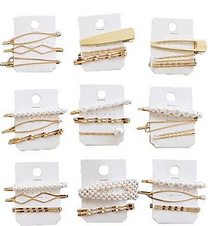 Bộ 3 kẹp tóc kim loại xi vàng thiết kế phối ngọc trai giả sang trọng