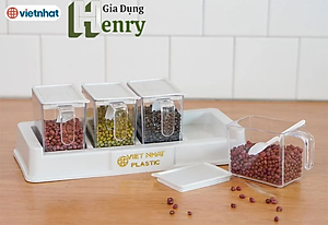 Bộ 4 lọ gia vị có thìa muỗng nhựa Việt Nhật - Hũ đựng gia vị có nắp đậy, có khay đế (Màu ngẫu nhiên)
