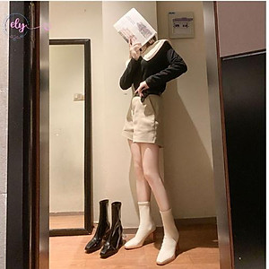 Giày Bốt Nữ Da Bóng Trắng Đen Ôm Chân Đẹp Gót 7 Phân Cổ cao Mũi Nhọn Không Có Khóa