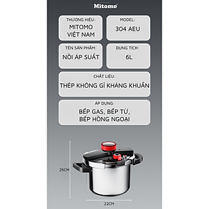 Nồi áp suất inox đáy từ cao cấp Mitomo 304AEU, nấu trên mọi loại bếp - Hàng chính hãng bảo hành 12 tháng