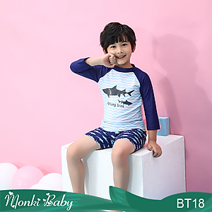 Bộ đồ bơi bé trai dài tay cá mập, vải bơi co giãn 4 chiều, có mũ bơi | BT18