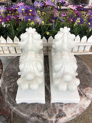 Cặp Tỳ Hưu phong thủy tài lộc đá cẩm thạch trắng có đế đá - Dài 20 cm