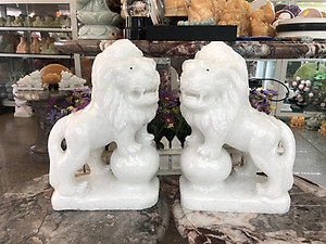 Cặp Sư Tử phong thủy đá cẩm thạch trắng - Cao 30 cm