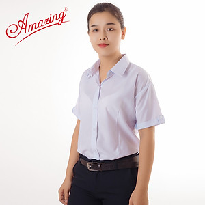 Áo sơ mi nữ Amazing, màu trắng, tay ngắn, vải KT silk mềm mướt, thấm hút mồ hôi, size từ 40-80kg