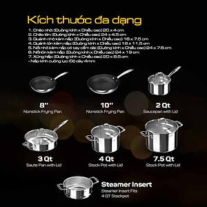 Bộ nồi inox Ciwete SS0103-11PC NEW-SS set 7 món ( 2 chảo inox, 1 quánh, 1 nồi chảo, 2 nồi, 1 xửng hấp) Hàng chính hãng