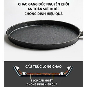 Chảo Gang Tròn Chống Dính Size 20-26Cm Cán Gỗ Chống Bỏng Đổ Bánh Xèo Chiên Trứng Dùng Cho Mọi Loại Bếp