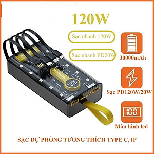 Sạc Dự Phòng trong suốt 30000mAh - sạc siêu nhanh, tích hợp 4 cáp, 2 cổng usb, sạc cùng lúc nhiều điện thoại - Hàng chính hãng