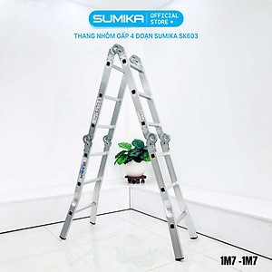 Thang nhôm gấp 4 đoạn SUMIKA SK603 (chữ A - 1.7m, chữ I - 3.4m), 14 tư thế sử dụng, tải trọng 150kg, làm từ hợp kim nhôm cao cấp, khóa chốt cao cấp và tự động, có đế cao su chống trượt