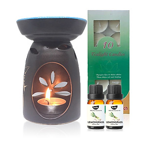 Combo Đèn Xông Tinh Dầu Nến + 2 Lọ Tinh Dầu Sả Chanh Kobi 10ml + Nến Tealight Sạch (Hộp 10 Viên)