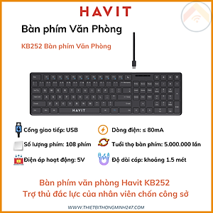 Bàn phím văn phòng có dây HAVIT KB252 Full-size 108 phím Cổng USB 1.5m Đen Hàng Chính Hãng