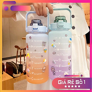 (Tặng sticker) Bình nước 2 lít  dành cho người lười uống nước bình nước cute 2L có ống hút, vạch chia nhắc giờ