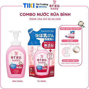 Combo Nước rửa bình thảo mộc cho bé Arau Baby Bình 500ml + Túi 450ml