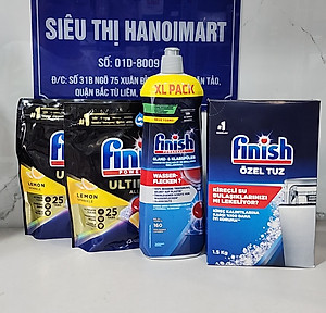 Combo Viên rửa bát Finish Quantum Ultimate 50 viên + Muối Finish làm mềm nước 1.5kg + Nước làm bóng bát Finish 800ml cho máy rửa bát