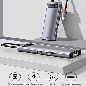 Hub chuyển đổi đa năng 8 trong 1 Baseus CAHUB-CV0G ( Type-C to HDMI/ USB3.0/ LAN / SD Card Reader/ Type C PD 100W, Multifunctional HUB) - HÀNG CHÍNH HÃNG