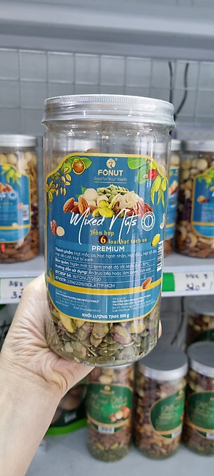 Mixed Nuts 6 loại hạt dinh dưỡng macca, hạt điều, hồ đào, hạnh nhân, hạt dẻ cười và bí xanh đã tách vỏ (hũ 500gr)