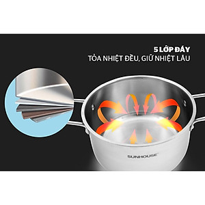 Bộ nồi inox 5 đáy Sunhouse Mama SH784, Bộ nồi gồm 3 size 16, 20, 24 cm, Chất liệu inox phù hợp với tất cả các loại bếp, Hàng chính hãng