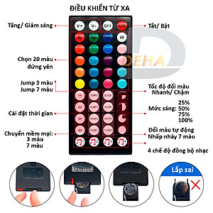 Bộ đèn Led dây dán RGB đổi màu Đồng Bộ Nhạc, điều khiển 44 phím chọn màu trang trí dán tường, bàn, máy tính dây bóng 5050 nháy theo nhạc music syn dùng được ngoài trời chống nước bền, đẹp (Tùy chọn loại dây và chiều dài dây)
