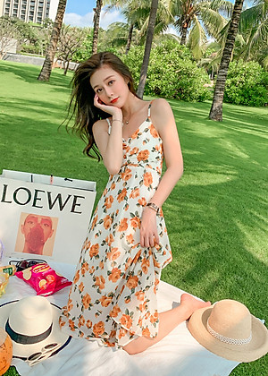 Đầm maxi 2 dây dễ mặc, chất voan mềm mát, họa tiết hoa vàng nhẹ nhàng nữ tính | MX057