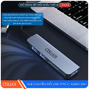 Hub Chuyển Đổi USB Type C ASWEI - 4 in 1, 5 in 1, 6 in 1, 7 in 1, 8 in 1 - HDMI, USB 3.0, PD, SD, TF, RJ45, Audio 3.5mm - Tốc Độ Cao, Hàng Chính Hãng