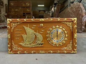 Tranh đồng hồ treo tường trạm khắc thuật buồm xuôi gió bằng gỗ gõ đỏ kt 41×81×4cm