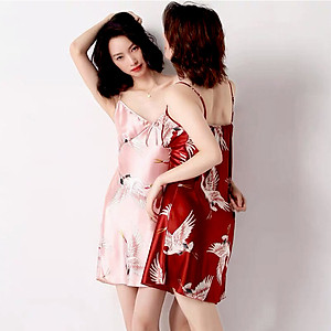 Q155 Váy ngủ lụa hai dây họa tiết hình chim hạt sang trọng sexy - Đầm ngủ lụa họa tiết chim hạt gợi cảm - Váy ngủ