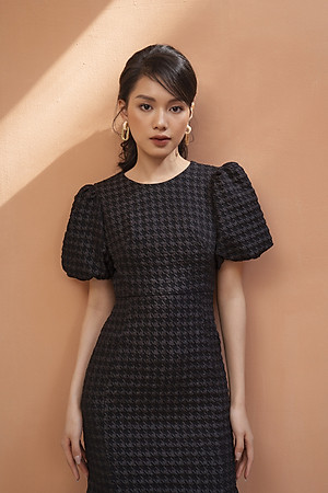 De Leah - Đầm Ôm Midi Đuôi Cá Tay Bồng - Đen