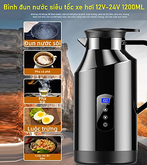 Bình Đun Nước Xe Hơi Chuyên Dùng Mẫu Mới 2026 Dung Tích 1200ML SUS304 12V/24V 200W Tự Ngắt Khi Sôi Dùng Cho Xe Tải Xe Khách Đường Dài