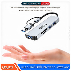 Hub Chuyển Đổi USB Type C ASWEI - 4 in 1, 5 in 1, 6 in 1, 7 in 1, 8 in 1 - HDMI, USB 3.0, PD, SD, TF, RJ45, Audio 3.5mm - Tốc Độ Cao, Hàng Chính Hãng