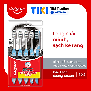 Bộ 5 Bàn chải Colgate Slimsoft Between Charcoal lông chải mềm mảnh xen sợi phủ than hoạt tính (Màu Ngẫu Nhiên)