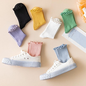 Tất cổ cao nữ bèo nhún, vớ bèo nhún nữ cổ cao màu trơn basic thời trang Vintage Hàn Quốc