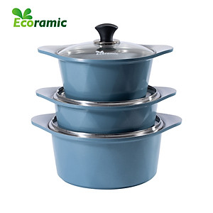 [CHÍNH HÃNG] Bộ 3 Nồi Vân Đá Ecoramic Chống Dính Đáy Từ – Đúc Nguyên Khối – Phủ Nano Ceramic – Dùng Cho Mọi Loại Bếp – Tặng Nhấc Nồi Silicon